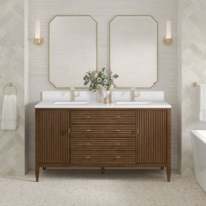 James Martin - Myrrin 60" Double Vanity, Mid Century Walnut w/ Single Hole 3 CM White Zeus Silestone Top & Backsplash - 485-V60D-WLT-1WZ view 3