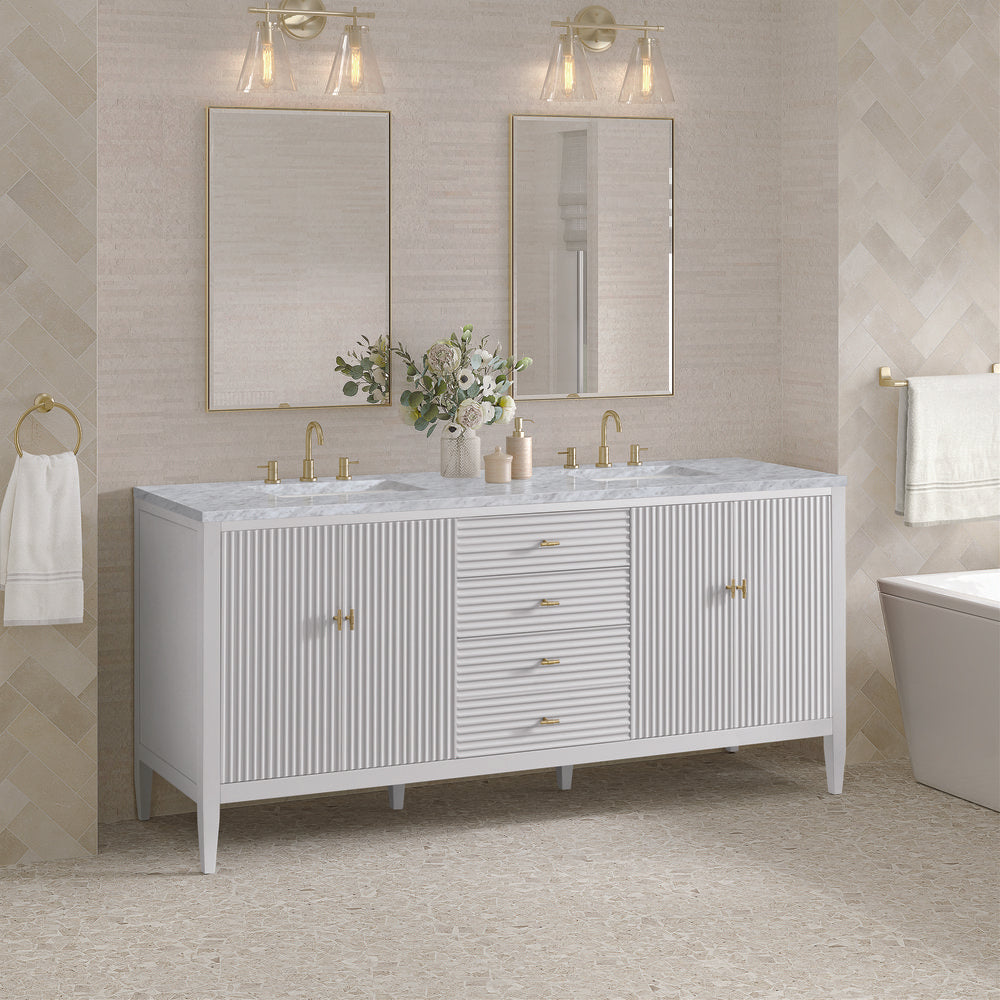 James Martin - Myrrin 72" Double Vanity, Bright White w/ 3 CM Carrara White Marble Top - 485-V72-BW-3CAR view 4