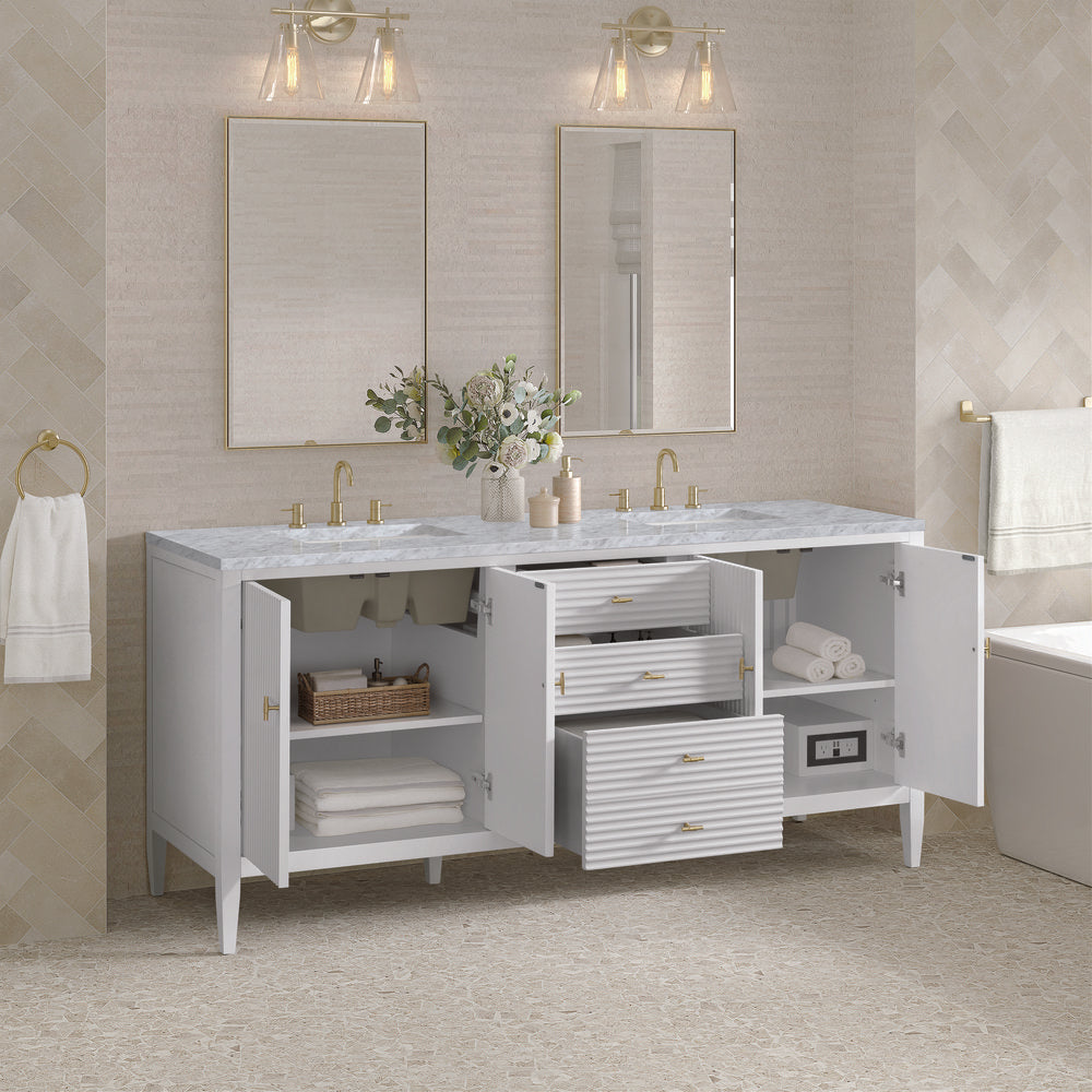 James Martin - Myrrin 72" Double Vanity, Bright White w/ 3 CM Carrara White Marble Top - 485-V72-BW-3CAR view 5