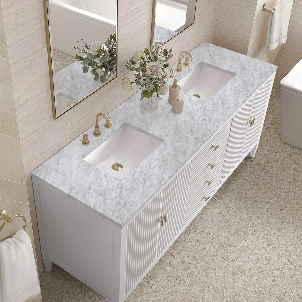James Martin - Myrrin 72" Double Vanity, Bright White w/ 3 CM Carrara White Marble Top - 485-V72-BW-3CAR view 7