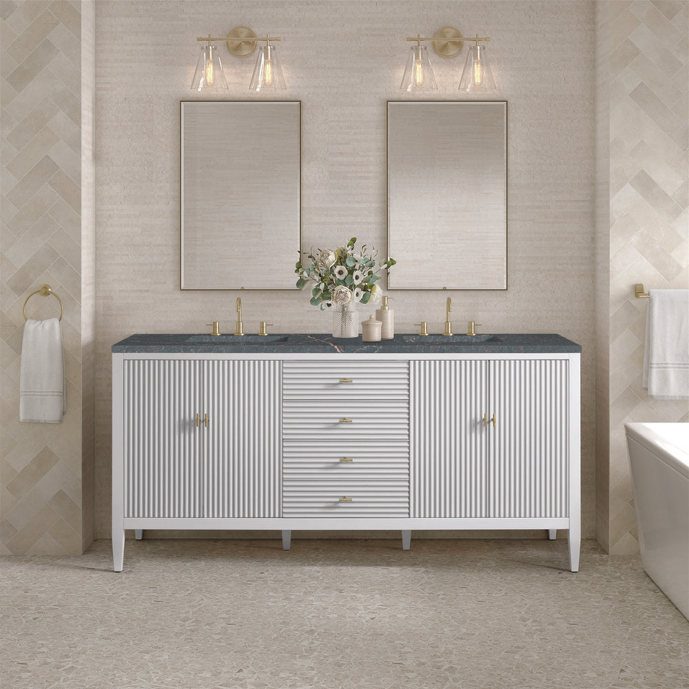 James Martin - Myrrin 72" Double Vanity, Bright White w/ 3 CM Parisien Bleu Silestone Top - 485-V72-BW-3PBL view 3