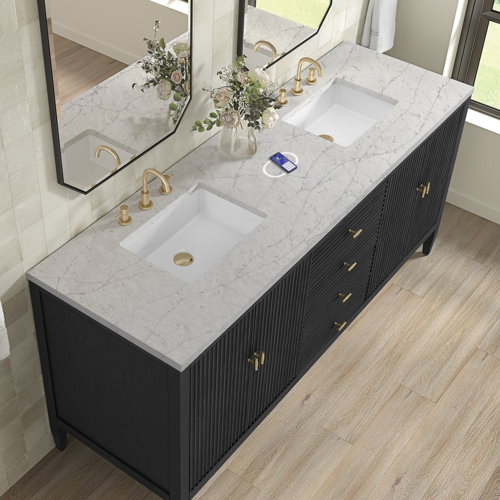 James Martin - Myrrin 72" Double Vanity, Carbon Oak w/ 3 CM Eternal Jasmine Pearl Silestone Top w/FreePower Wireless Charger - 485-V72-CBO-FEJP view 8
