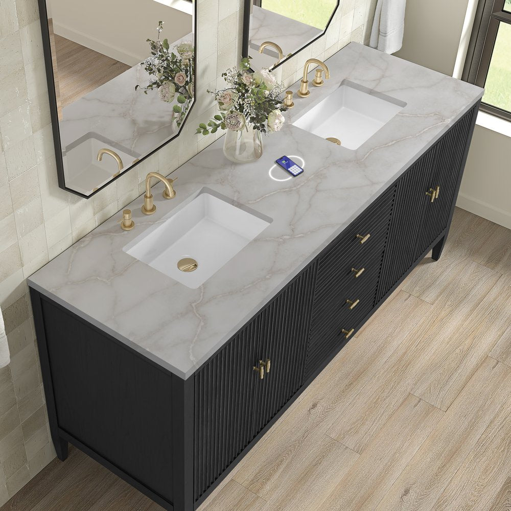 James Martin - Myrrin 72" Double Vanity, Carbon Oak w/ 3 CM Victorian Silver Silestone Top w/FreePower Wireless Charger - 485-V72-CBO-FVSL view 8