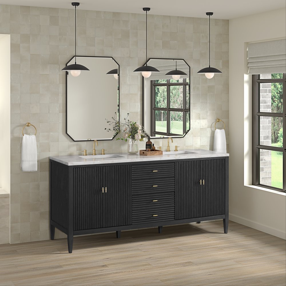 James Martin - Myrrin 72" Double Vanity, Carbon Oak w/ 3 CM White Zeus Silestone Top - 485-V72-CBO-3WZ view 4
