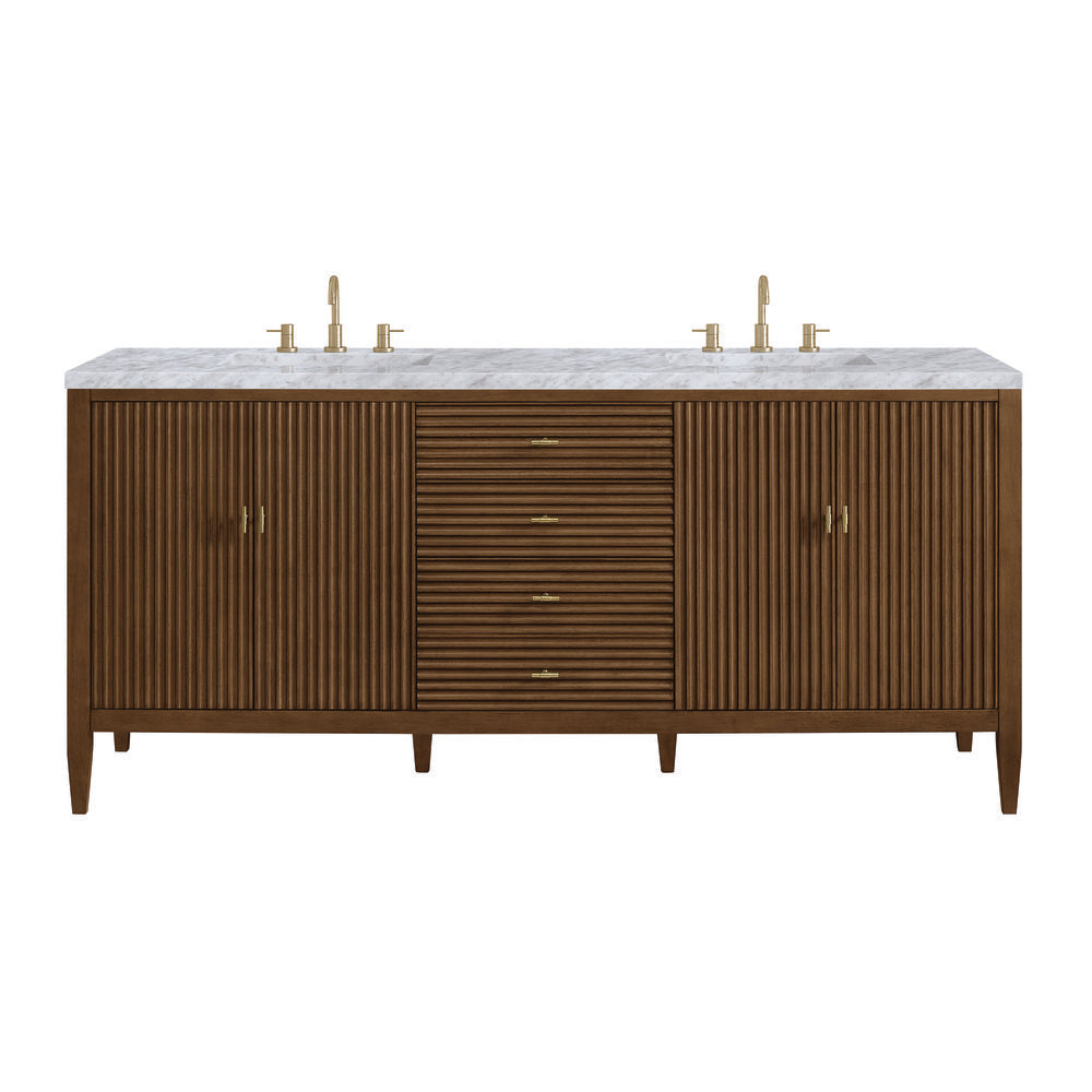 James Martin - Myrrin 72" Double Vanity, Mid Century Walnut w/ 3 CM Carrara White Marble Top - 485-V72-WLT-3CAR view 1