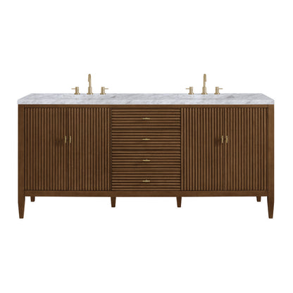 James Martin - Myrrin 72" Double Vanity, Mid Century Walnut w/ 3 CM Carrara White Marble Top - 485-V72-WLT-3CAR view 1