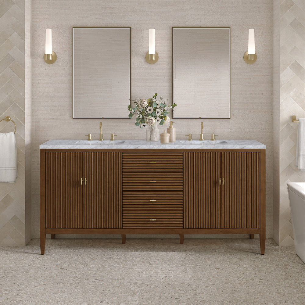 James Martin - Myrrin 72" Double Vanity, Mid Century Walnut w/ 3 CM Carrara White Marble Top - 485-V72-WLT-3CAR view 3