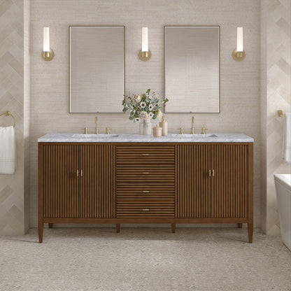 James Martin - Myrrin 72" Double Vanity, Mid Century Walnut w/ 3 CM Carrara White Marble Top - 485-V72-WLT-3CAR view 3