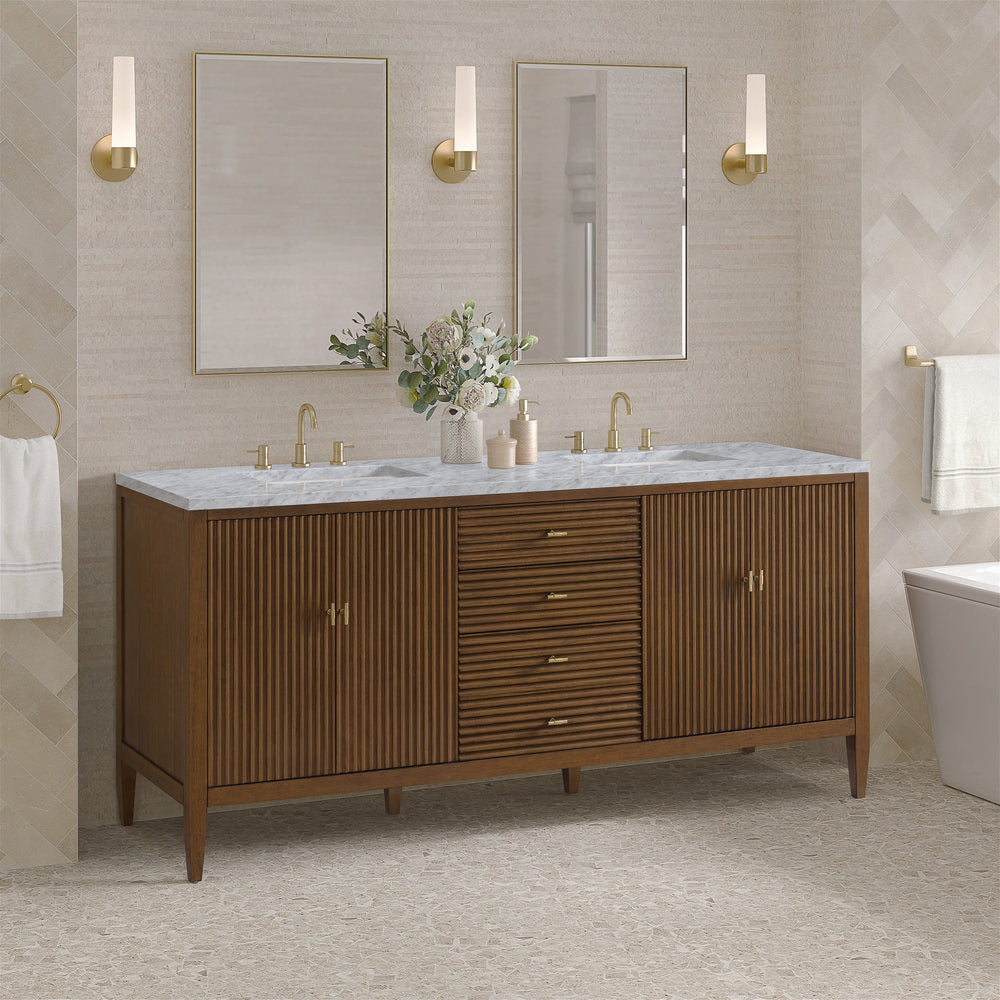 James Martin - Myrrin 72" Double Vanity, Mid Century Walnut w/ 3 CM Carrara White Marble Top - 485-V72-WLT-3CAR view 4