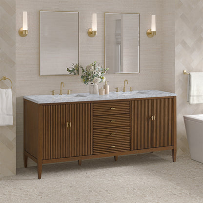 James Martin - Myrrin 72" Double Vanity, Mid Century Walnut w/ 3 CM Carrara White Marble Top - 485-V72-WLT-3CAR view 4