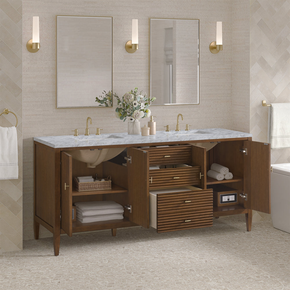 James Martin - Myrrin 72" Double Vanity, Mid Century Walnut w/ 3 CM Carrara White Marble Top - 485-V72-WLT-3CAR view 5