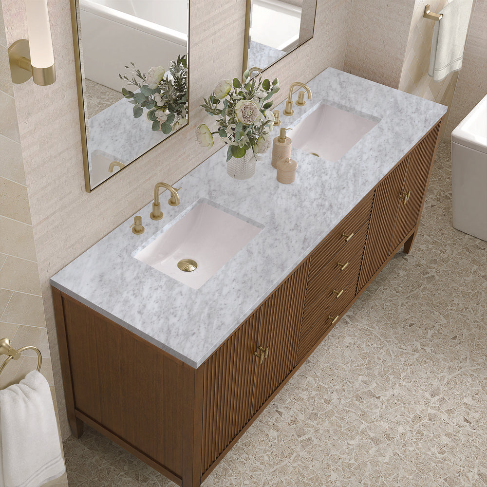 James Martin - Myrrin 72" Double Vanity, Mid Century Walnut w/ 3 CM Carrara White Marble Top - 485-V72-WLT-3CAR view 7