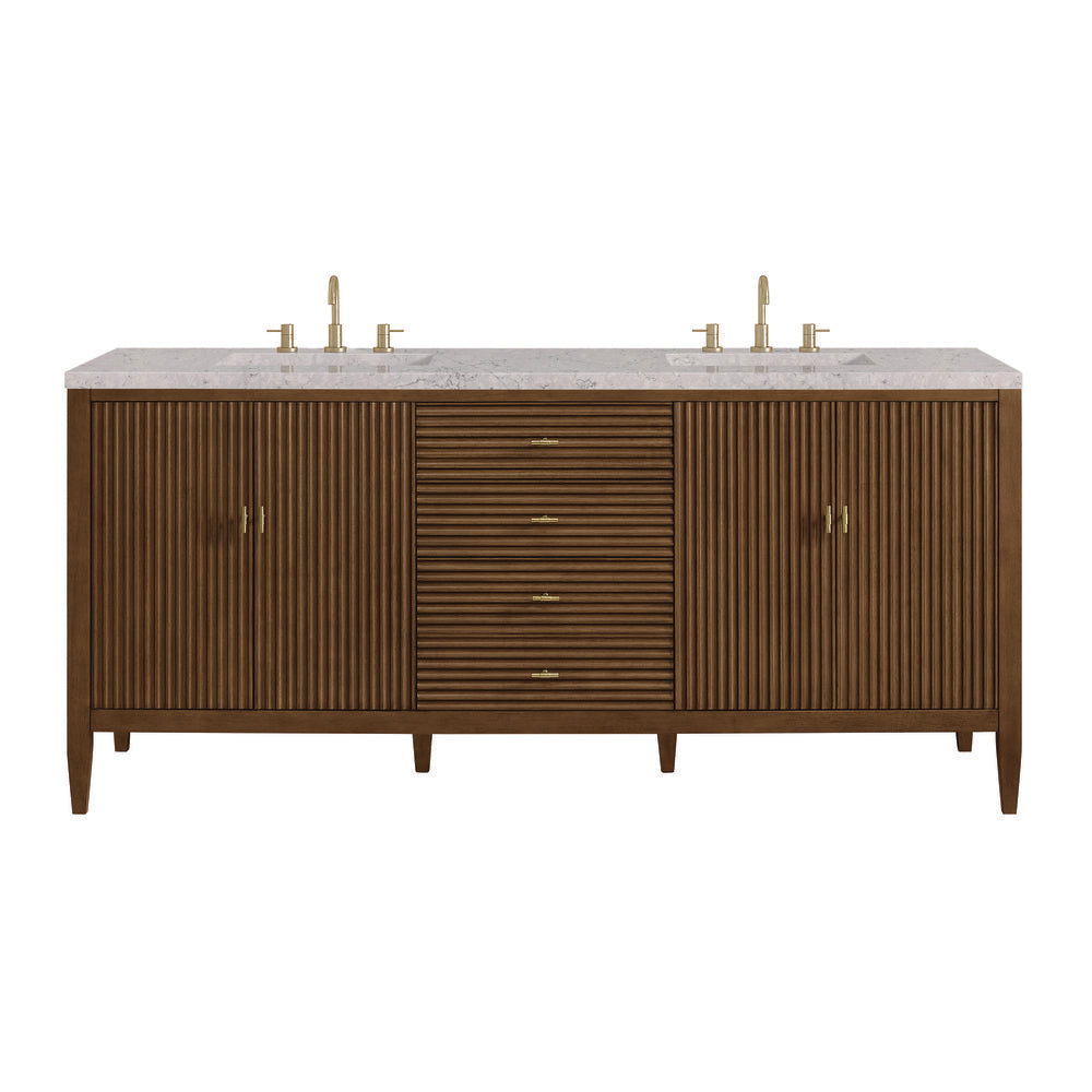 James Martin - Myrrin 72" Double Vanity, Mid Century Walnut w/ 3 CM Eternal Jasmine Pearl Silestone Top w/FreePower Wireless Charger - 485-V72-WLT-FEJP view 1