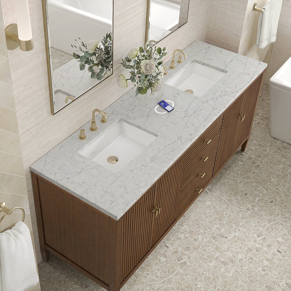 James Martin - Myrrin 72" Double Vanity, Mid Century Walnut w/ 3 CM Eternal Jasmine Pearl Silestone Top w/FreePower Wireless Charger - 485-V72-WLT-FEJP view 8