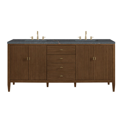 James Martin - Myrrin 72" Double Vanity, Mid Century Walnut w/ 3 CM Parisien Bleu Silestone Top - 485-V72-WLT-3PBL view 1