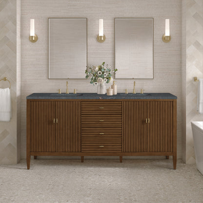 James Martin - Myrrin 72" Double Vanity, Mid Century Walnut w/ 3 CM Parisien Bleu Silestone Top - 485-V72-WLT-3PBL view 3