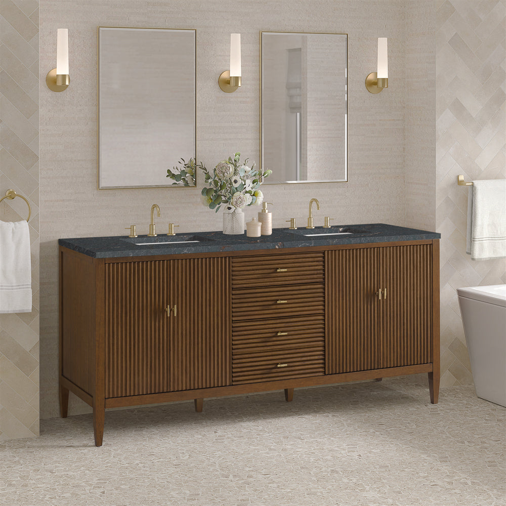 James Martin - Myrrin 72" Double Vanity, Mid Century Walnut w/ 3 CM Parisien Bleu Silestone Top w/FreePower Wireless Charger - 485-V72-WLT-FPBL view 5