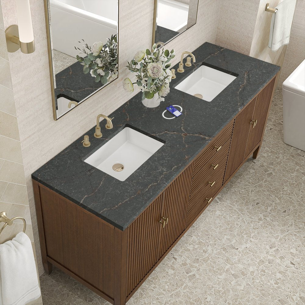 James Martin - Myrrin 72" Double Vanity, Mid Century Walnut w/ 3 CM Parisien Bleu Silestone Top w/FreePower Wireless Charger - 485-V72-WLT-FPBL view 8