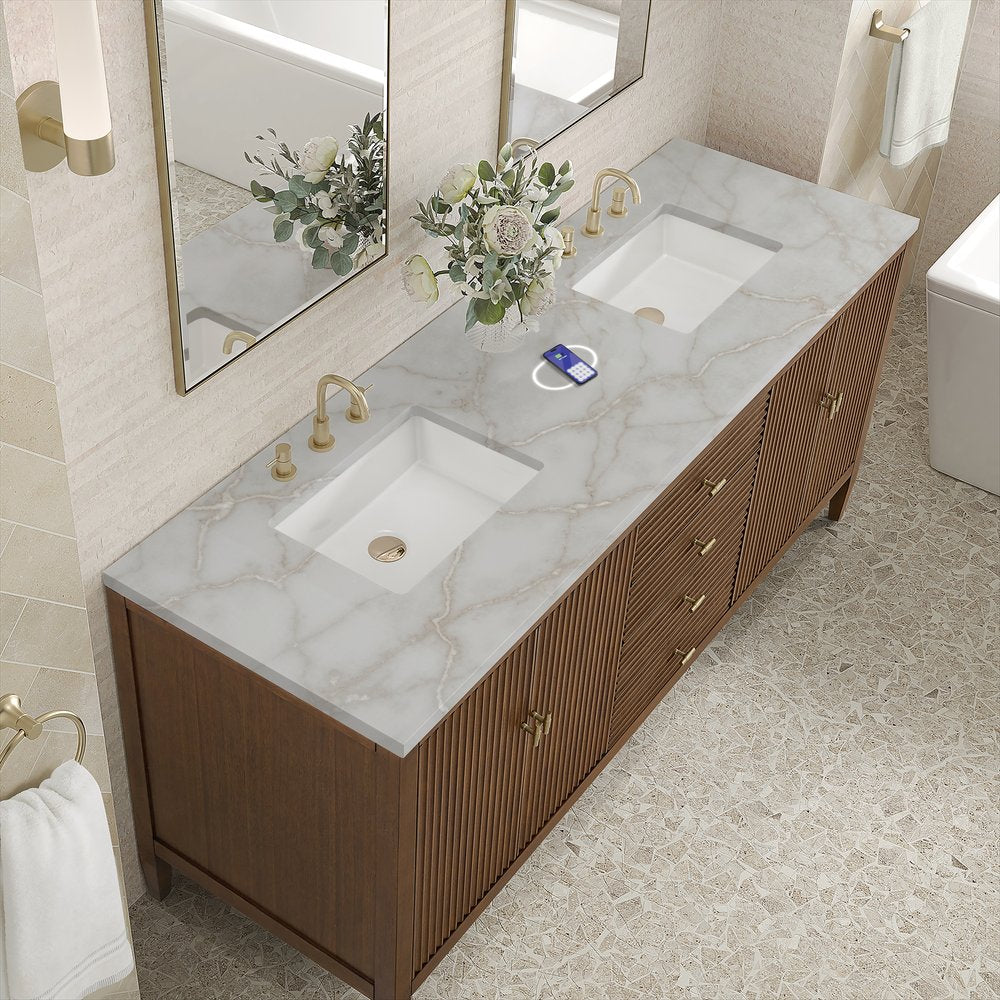 James Martin - Myrrin 72" Double Vanity, Mid Century Walnut w/ 3 CM Victorian Silver Silestone Top w/FreePower Wireless Charger - 485-V72-WLT-FVSL view 8