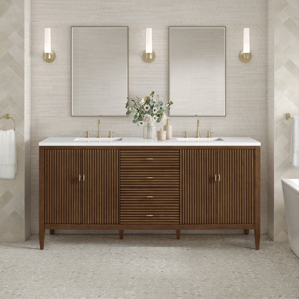 James Martin - Myrrin 72" Double Vanity, Mid Century Walnut w/ 3 CM White Zeus Silestone Top - 485-V72-WLT-3WZ view 3