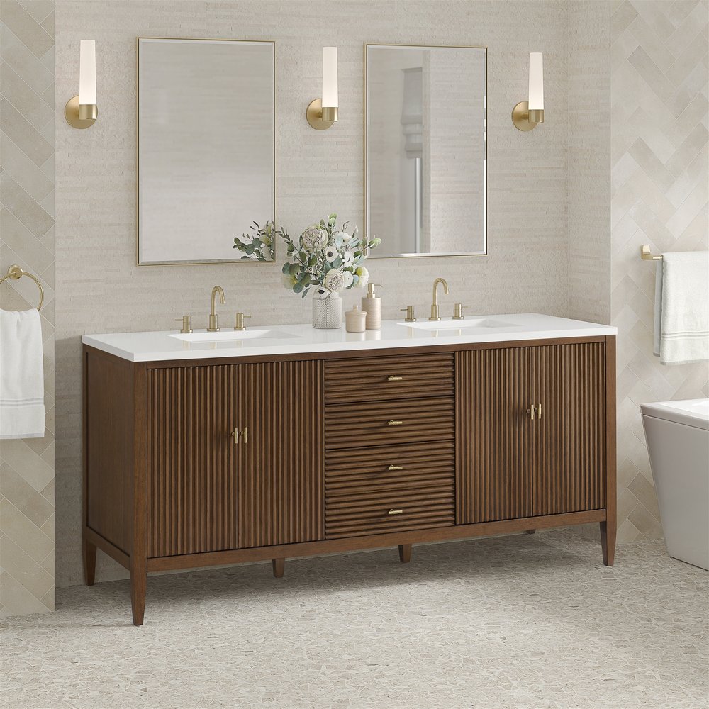 James Martin - Myrrin 72" Double Vanity, Mid Century Walnut w/ 3 CM White Zeus Silestone Top - 485-V72-WLT-3WZ view 4