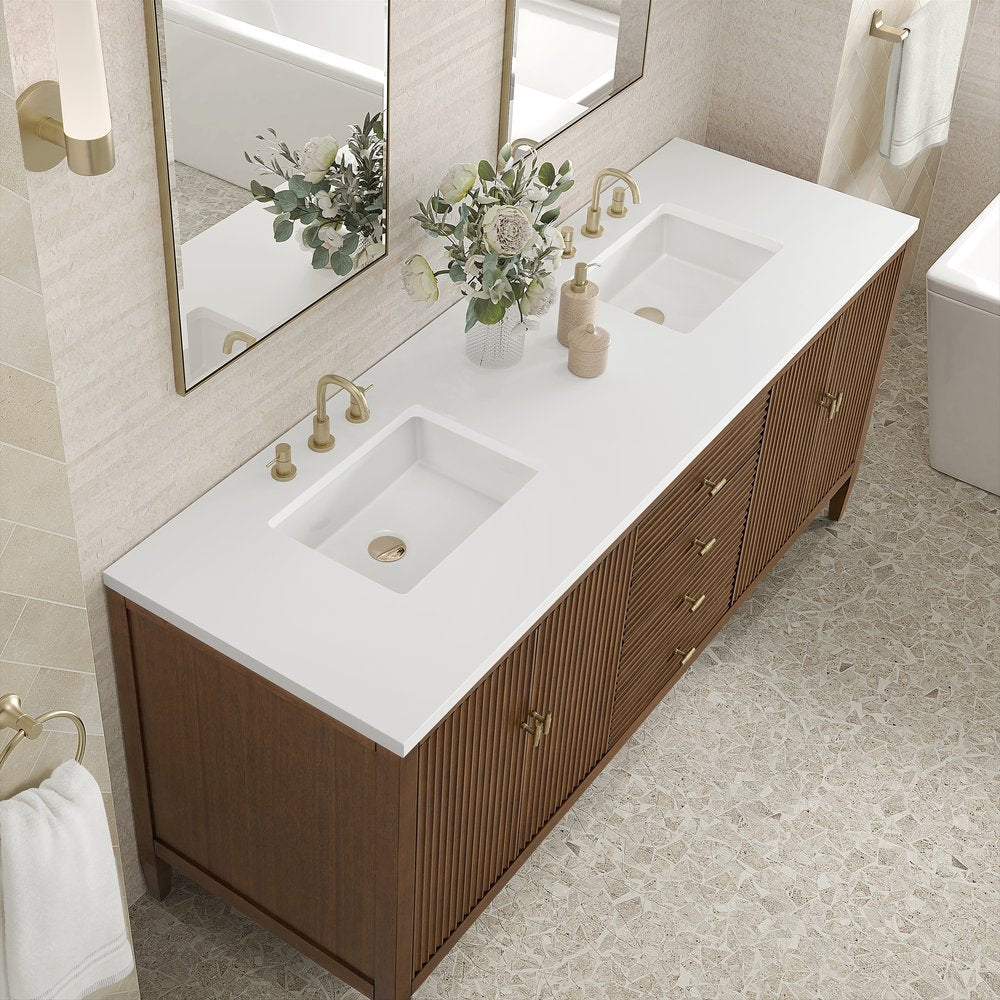 James Martin - Myrrin 72" Double Vanity, Mid Century Walnut w/ 3 CM White Zeus Silestone Top - 485-V72-WLT-3WZ view 7
