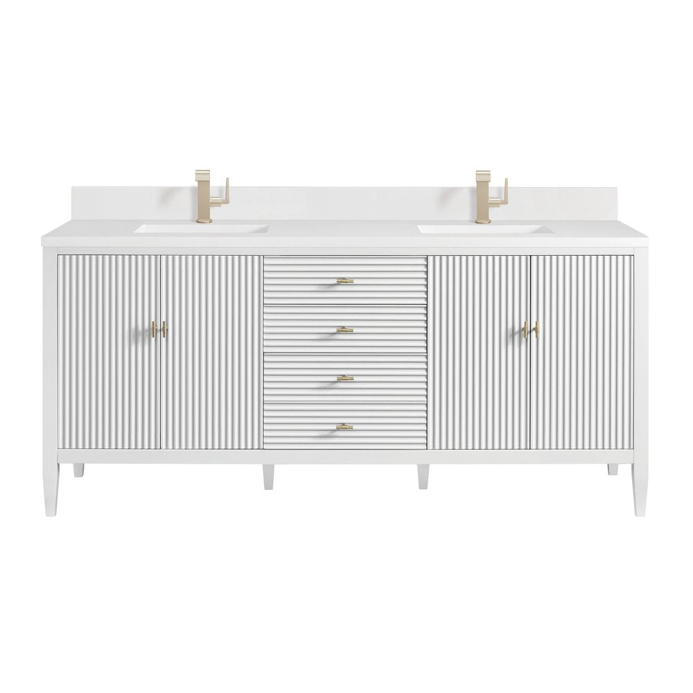 James Martin - Myrrin 72" Vanity, Bright White w/ Single Hole 3 CM White Zeus Silestone Top & Backsplash - 485-V72-BW-1WZ view 1
