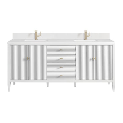 James Martin - Myrrin 72" Vanity, Bright White w/ Single Hole 3 CM White Zeus Silestone Top & Backsplash - 485-V72-BW-1WZ view 1