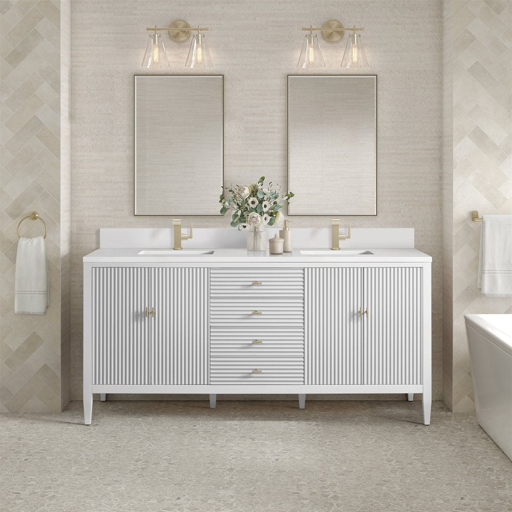 James Martin - Myrrin 72" Vanity, Bright White w/ Single Hole 3 CM White Zeus Silestone Top & Backsplash - 485-V72-BW-1WZ view 3