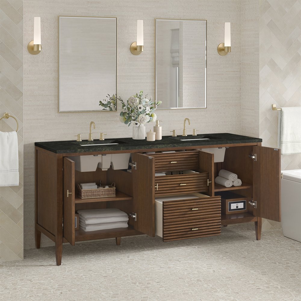 James Martin - Myrrin 72" Vanity, Mid Century Walnut, w/ 3 CM Phantome Eclos Top - 485-V72-WLT-3PHT view 5