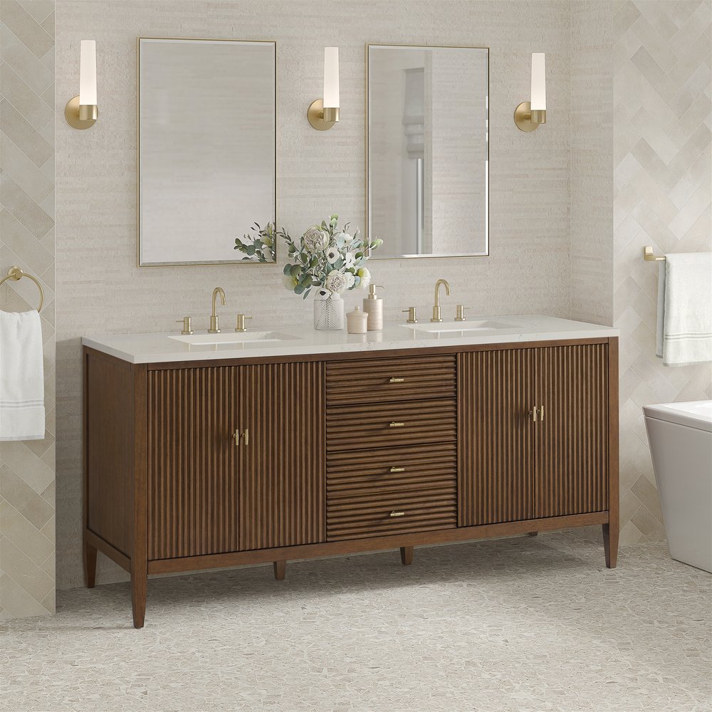 James Martin - Myrrin 72" Vanity, Mid Century Walnut, w/ 3 CM Siberian Silestone Top w/FreePower Wireless Charger - 485-V72-WLT-FSFR view 4
