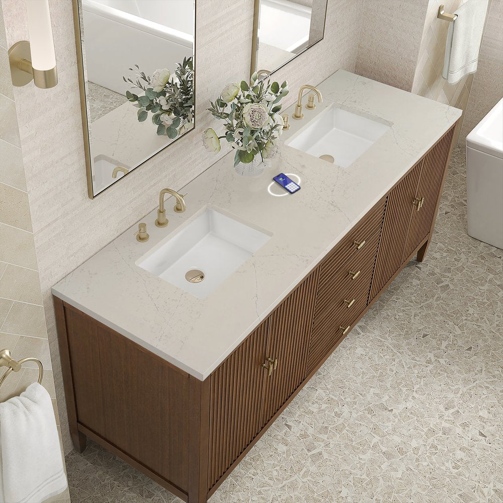 James Martin - Myrrin 72" Vanity, Mid Century Walnut, w/ 3 CM Siberian Silestone Top w/FreePower Wireless Charger - 485-V72-WLT-FSFR view 7
