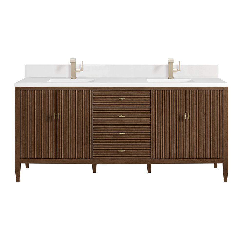 James Martin - Myrrin 72" Vanity, Mid Century Walnut w/ Single Hole 3 CM White Zeus Silestone Top & Backsplash - 485-V72-WLT-1WZ view 1