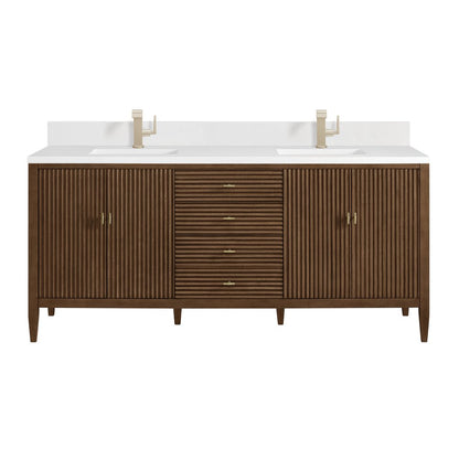 James Martin - Myrrin 72" Vanity, Mid Century Walnut w/ Single Hole 3 CM White Zeus Silestone Top & Backsplash - 485-V72-WLT-1WZ view 1