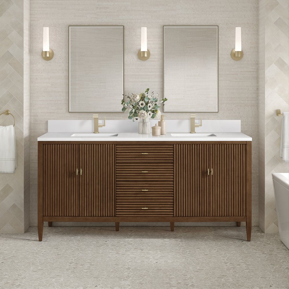 James Martin - Myrrin 72" Vanity, Mid Century Walnut w/ Single Hole 3 CM White Zeus Silestone Top & Backsplash - 485-V72-WLT-1WZ view 3