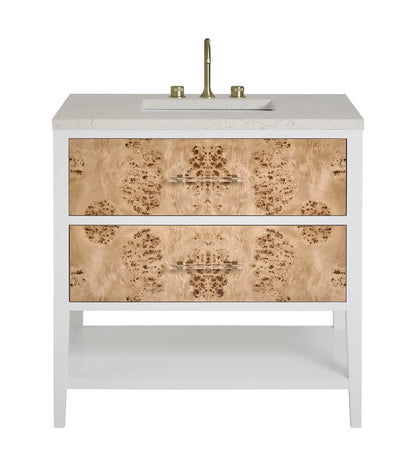 James Martin - Olena 36" Single Vanity, Light Mappa Burl and Polished White, w/ 3 CM Siberian Silestone Top - D804-V36-LMB-3SFR view 1