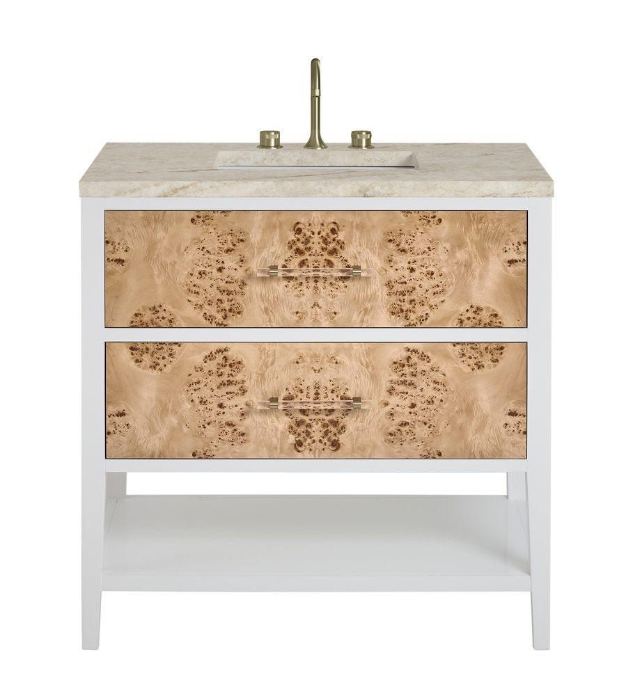 James Martin - Olena 36" Single Vanity, Light Mappa Burl and Polished White, w/ 3 CM Tajnar Eclos Top - D804-V36-LMB-3TJR view 1