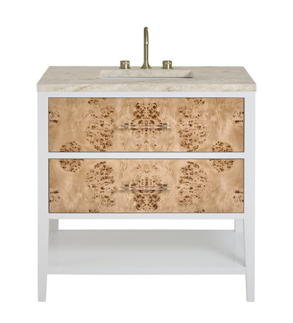 James Martin - Olena 36" Single Vanity, Light Mappa Burl and Polished White, w/ 3 CM Tajnar Eclos Top - D804-V36-LMB-3TJR view 1