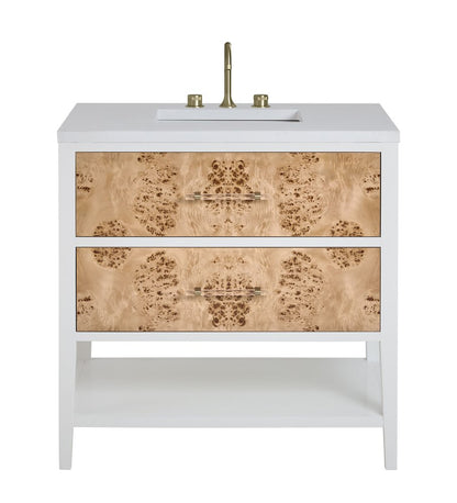 James Martin - Olena 36" Single Vanity, Light Mappa Burl and Polished White w/ 3 CM White Zeus Silestone Top - D804-V36-LMB-3WZ view 1