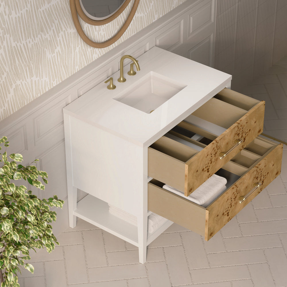 James Martin - Olena 36" Single Vanity, Light Mappa Burl and Polished White w/ 3 CM White Zeus Silestone Top - D804-V36-LMB-3WZ view 8