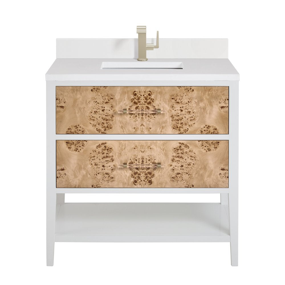 James Martin - Olena 36" Single Vanity, Light Mappa Burl and Polished White w/ Single Hole 3 CM White Zeus Silestone Top & Backsplash - D804-V36-LMB-1WZ view 1