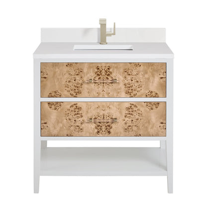 James Martin - Olena 36" Single Vanity, Light Mappa Burl and Polished White w/ Single Hole 3 CM White Zeus Silestone Top & Backsplash - D804-V36-LMB-1WZ view 1