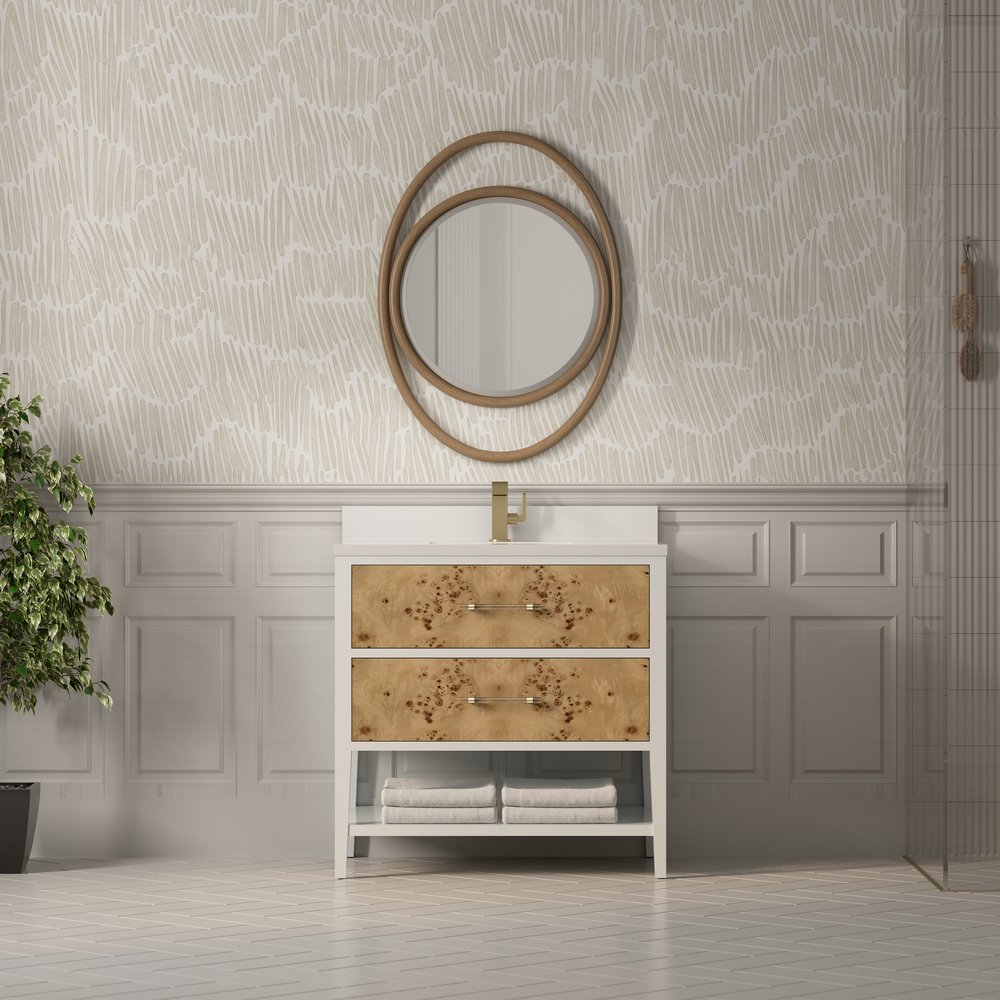 James Martin - Olena 36" Single Vanity, Light Mappa Burl and Polished White w/ Single Hole 3 CM White Zeus Silestone Top & Backsplash - D804-V36-LMB-1WZ view 3