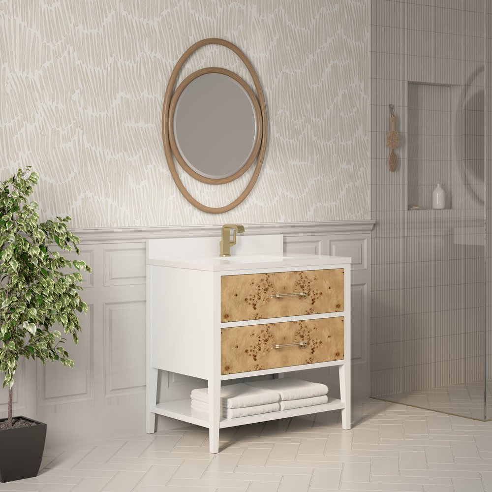 James Martin - Olena 36" Single Vanity, Light Mappa Burl and Polished White w/ Single Hole 3 CM White Zeus Silestone Top & Backsplash - D804-V36-LMB-1WZ view 4