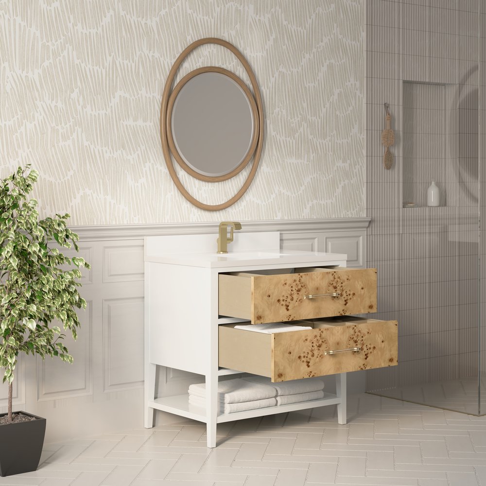James Martin - Olena 36" Single Vanity, Light Mappa Burl and Polished White w/ Single Hole 3 CM White Zeus Silestone Top & Backsplash - D804-V36-LMB-1WZ view 5