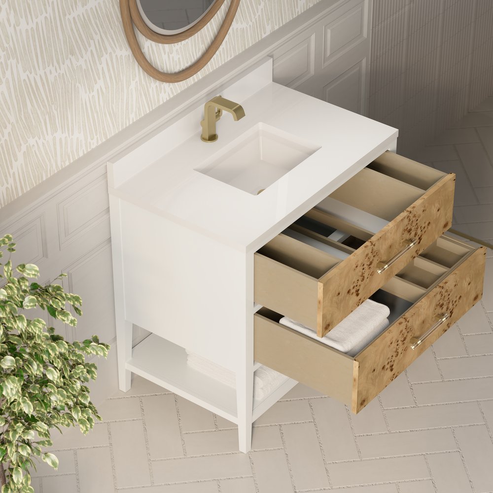 James Martin - Olena 36" Single Vanity, Light Mappa Burl and Polished White w/ Single Hole 3 CM White Zeus Silestone Top & Backsplash - D804-V36-LMB-1WZ view 8
