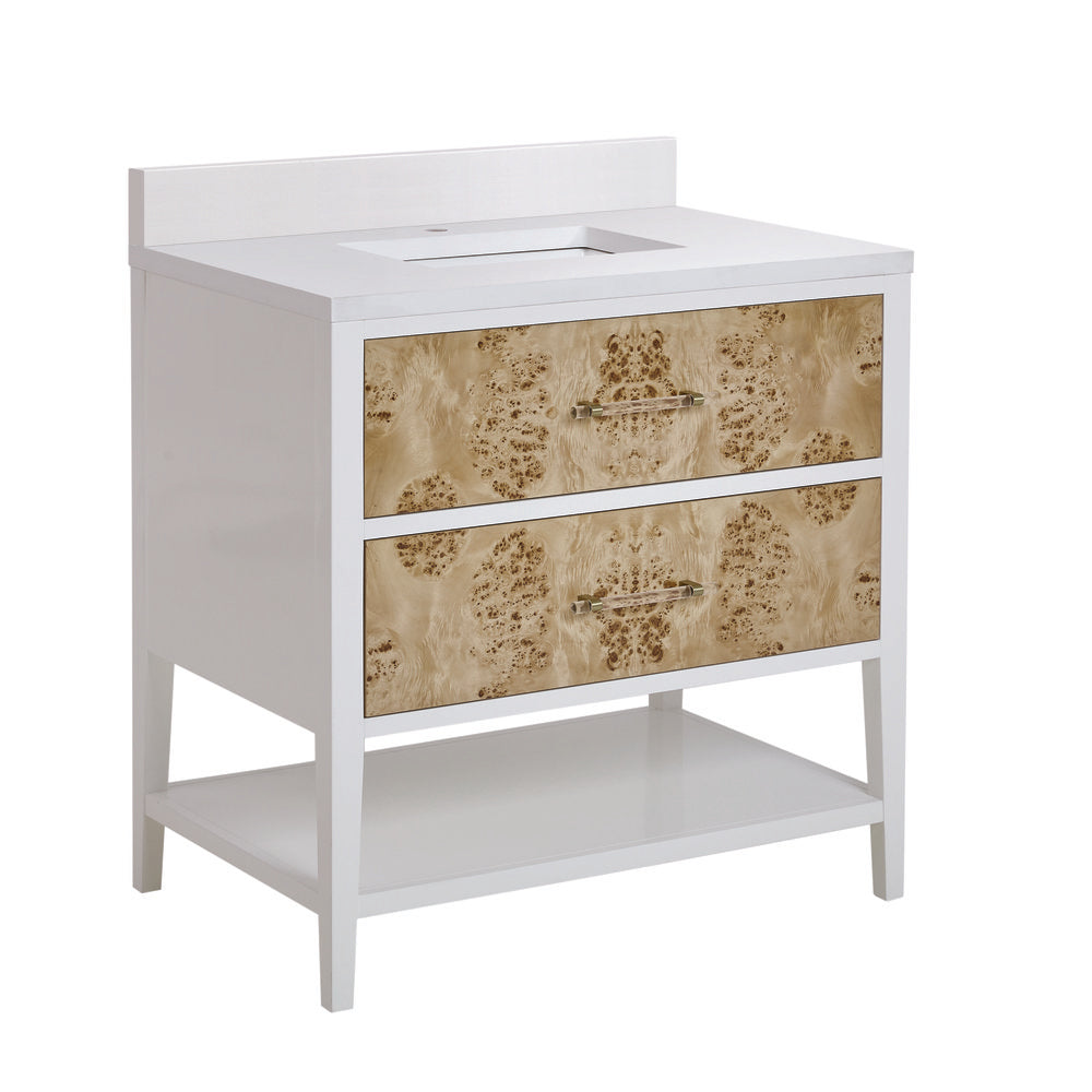 James Martin - Olena 36" Single Vanity, Light Mappa Burl and Polished White w/ Single Hole 3 CM White Zeus Silestone Top & Backsplash - D804-V36-LMB-1WZ view 12
