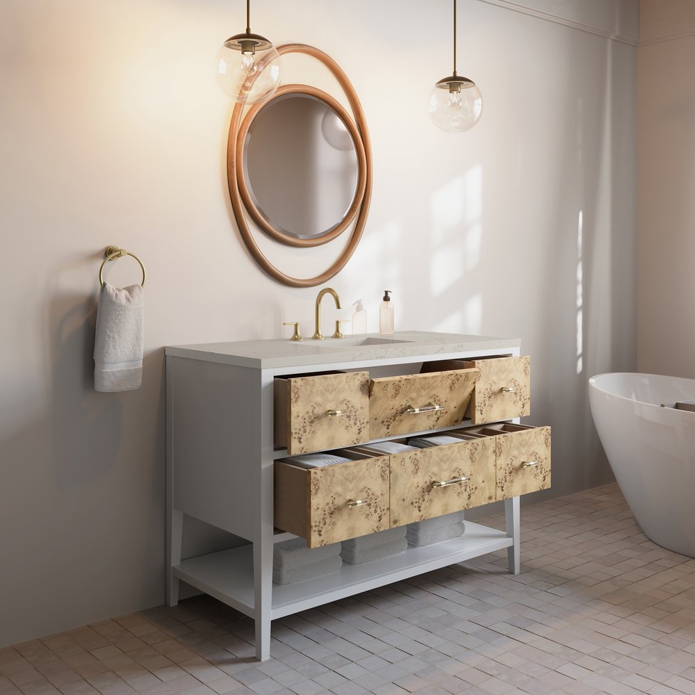 James Martin - Olena 48" Single Vanity, Light Mappa Burl and Polished White, w/ 3 CM Siberian Silestone Top w/FreePower Wireless Charger - D804-V48-LMB-FSFR view 5