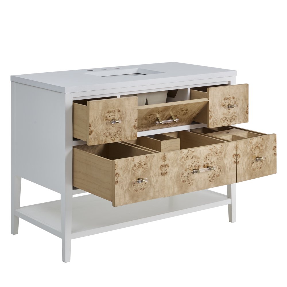 James Martin - Olena 48" Single Vanity, Light Mappa Burl and Polished White, w/ 3 CM Siberian Silestone Top w/FreePower Wireless Charger - D804-V48-LMB-FSFR view 8