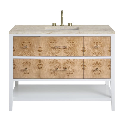 James Martin - Olena 48" Single Vanity, Light Mappa Burl and Polished White, w/ 3 CM Tajnar Eclos Top - D804-V48-LMB-3TJR view 1